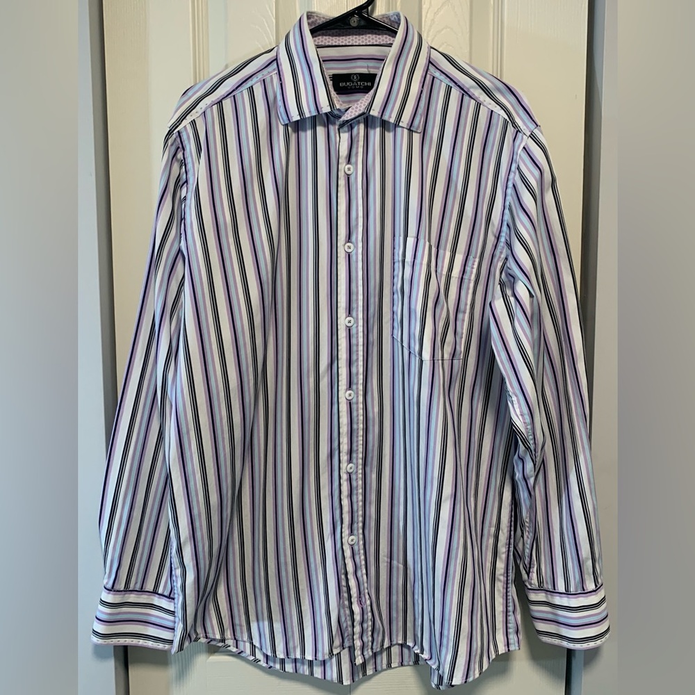 Bugatchi Men’s Large Purple Gray Striped Cotton Dress Shirt